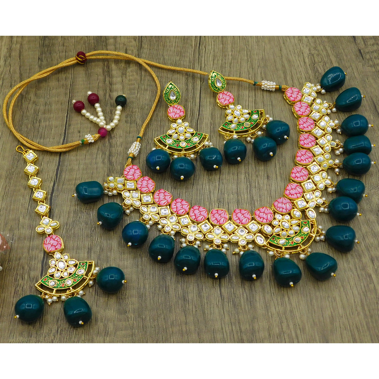 Sujwel Gold Toned Kundan Lamination Floral Design Necklace Set (08-0440)