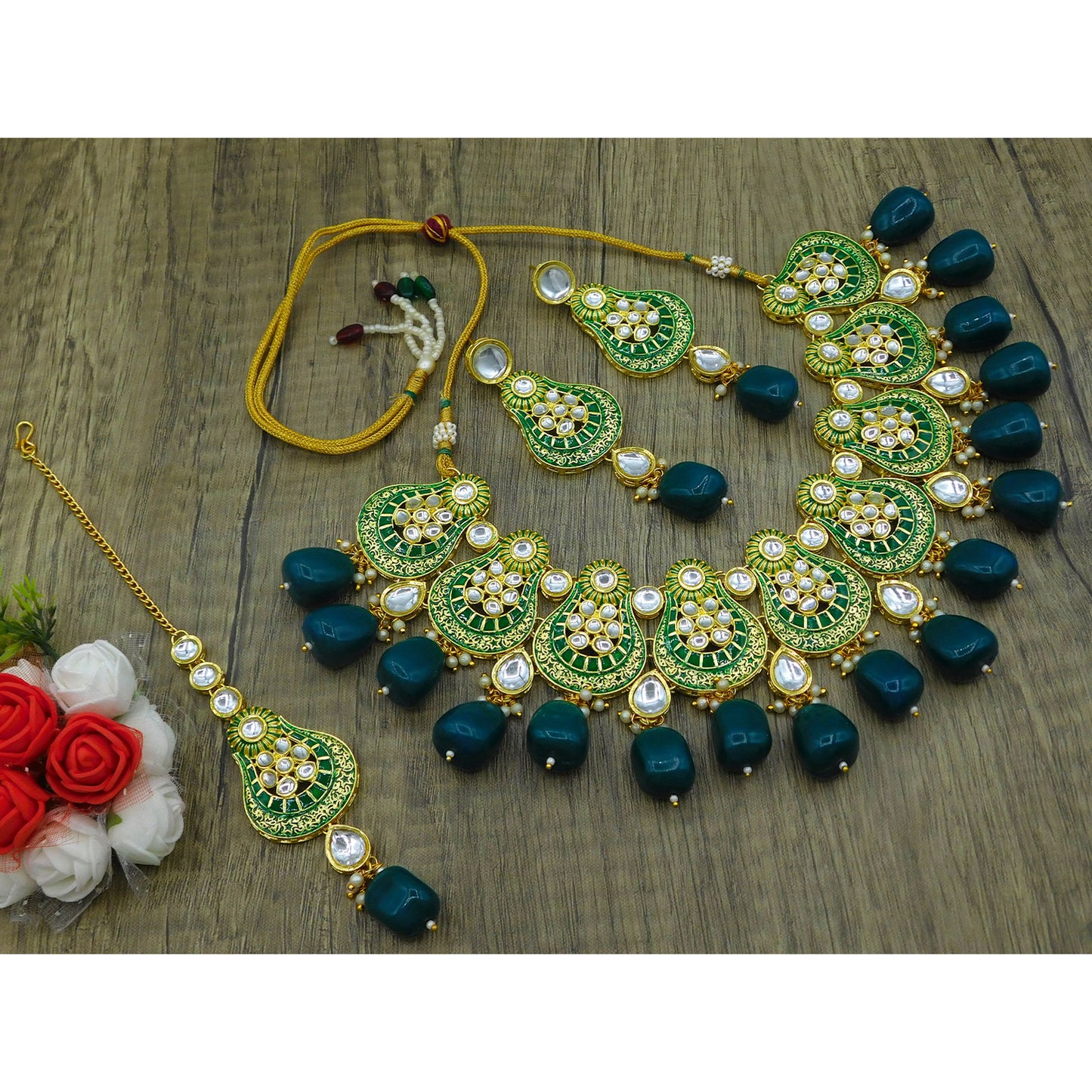 Sujwel Gold Plated Kundan Meenakari Choker Necklace Set (08-0447)
