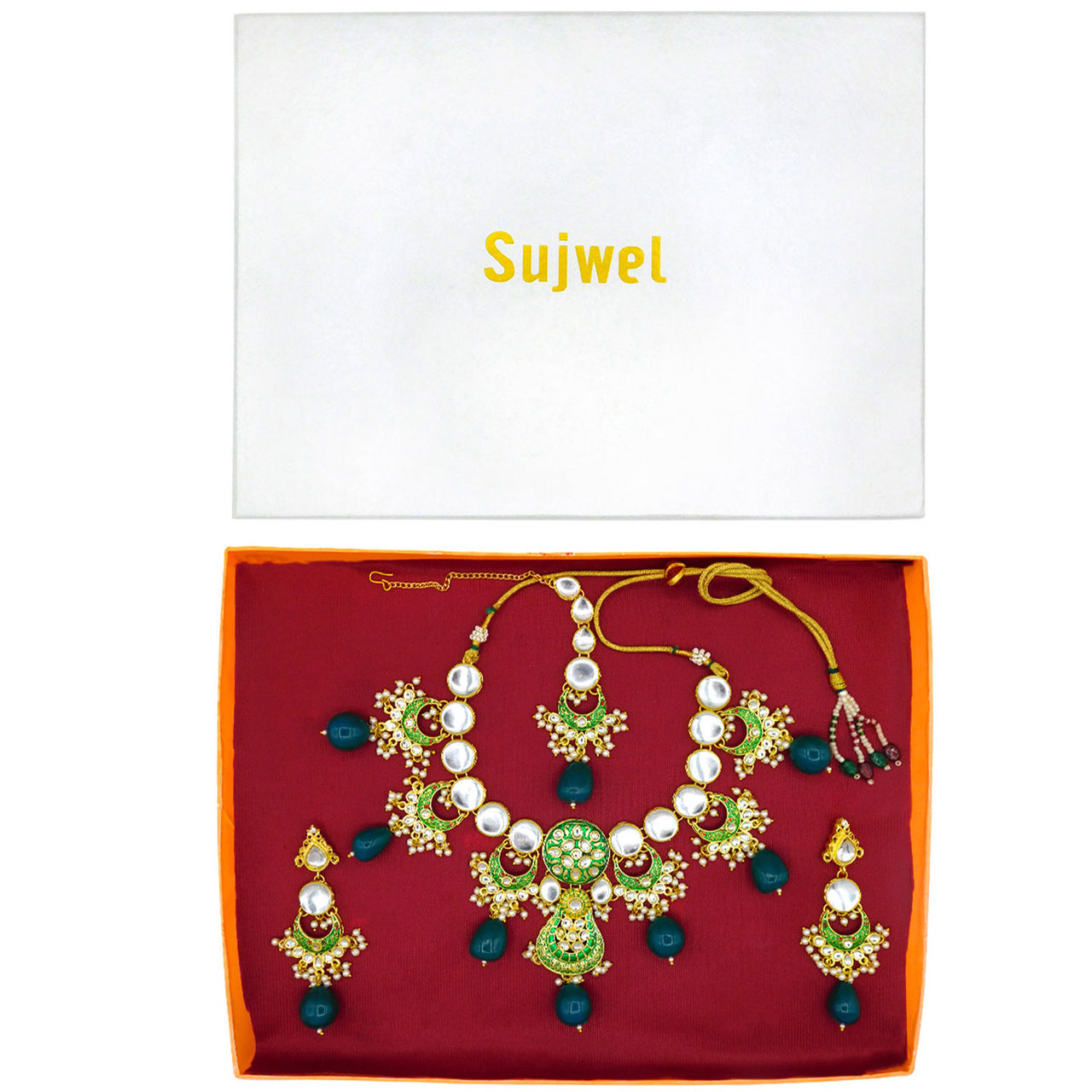 Sujwel Gold Toned Kundan Lamination Floral Design Necklace Set (08-0456)