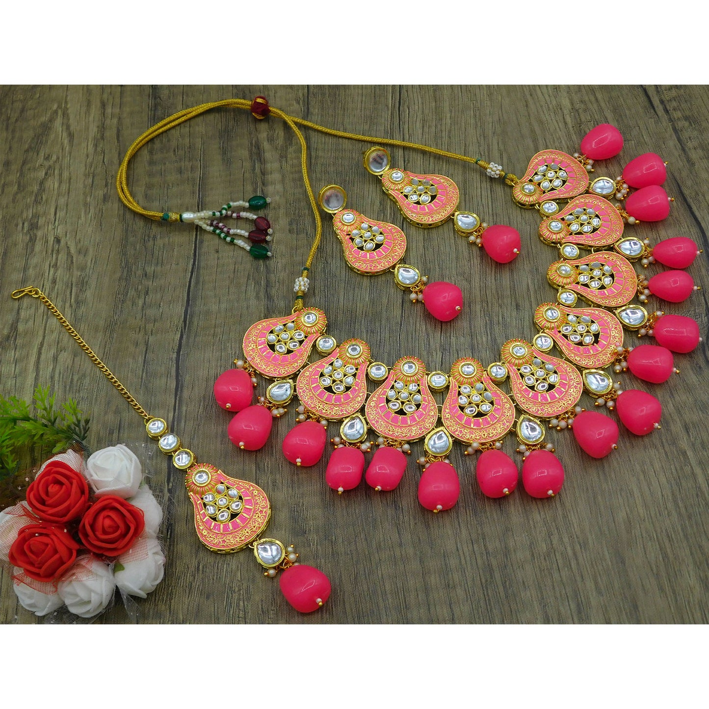 Sujwel Gold Plated Kundan Meenakari Choker Necklace Set (08-0447)