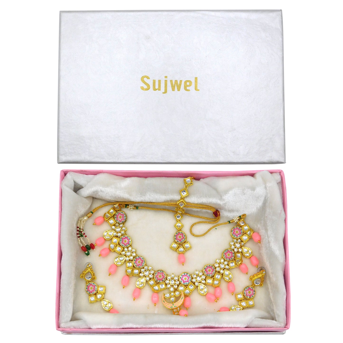 Sujwel Kundan and Painting with Floral Design Chokar Necklace Set (08-0282) - Sujwel