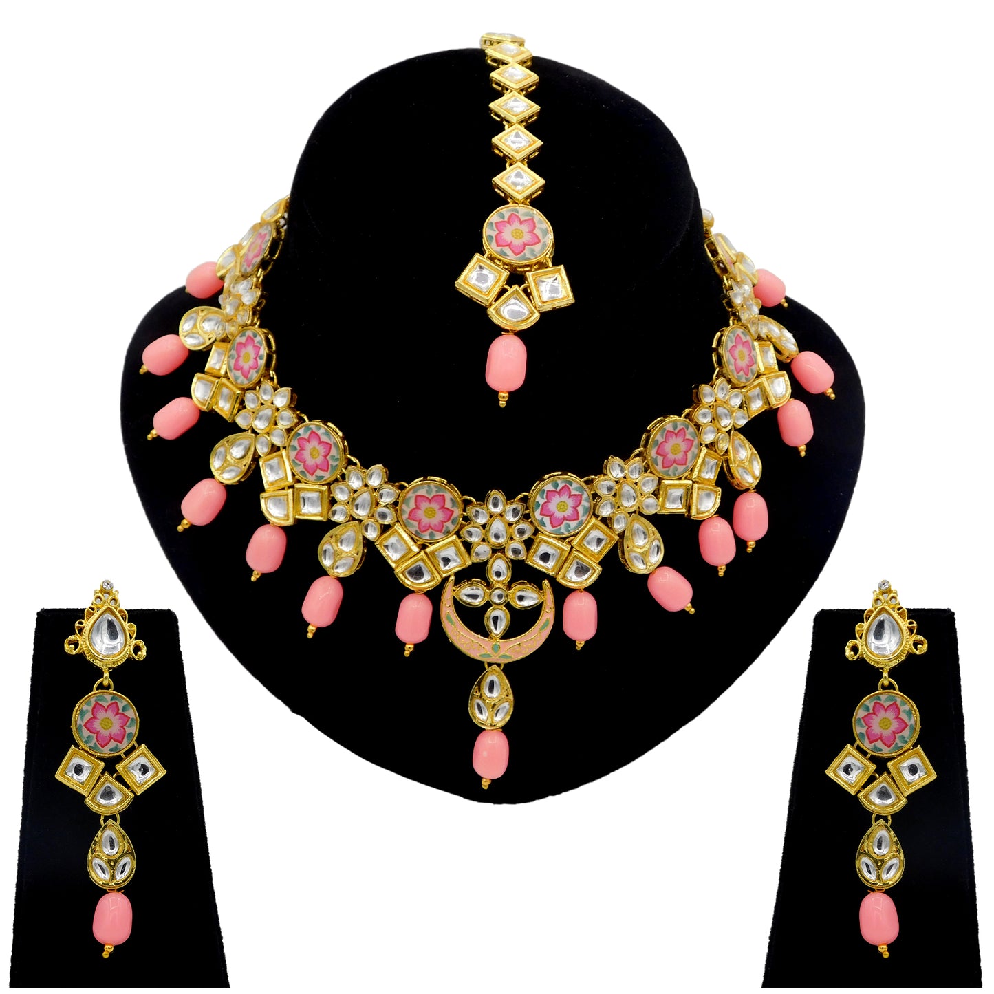 Sujwel Kundan and Painting with Floral Design Chokar Necklace Set (08-0282) - Sujwel