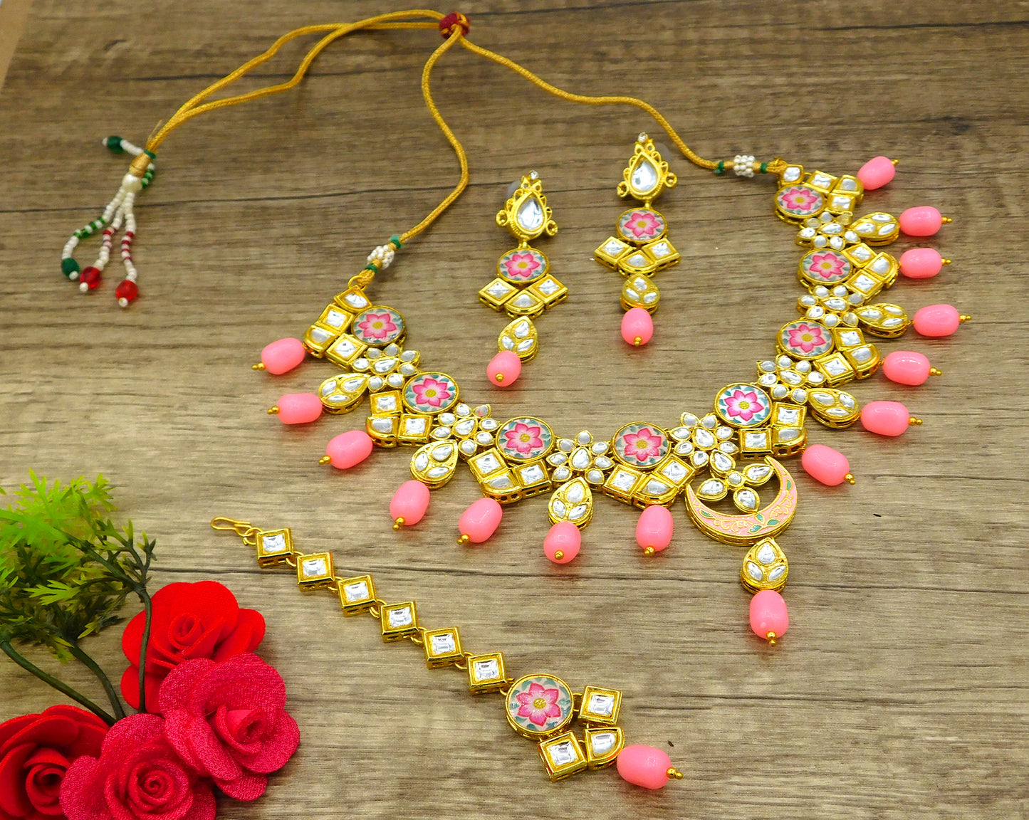 Sujwel Kundan and Painting with Floral Design Chokar Necklace Set (08-0282) - Sujwel