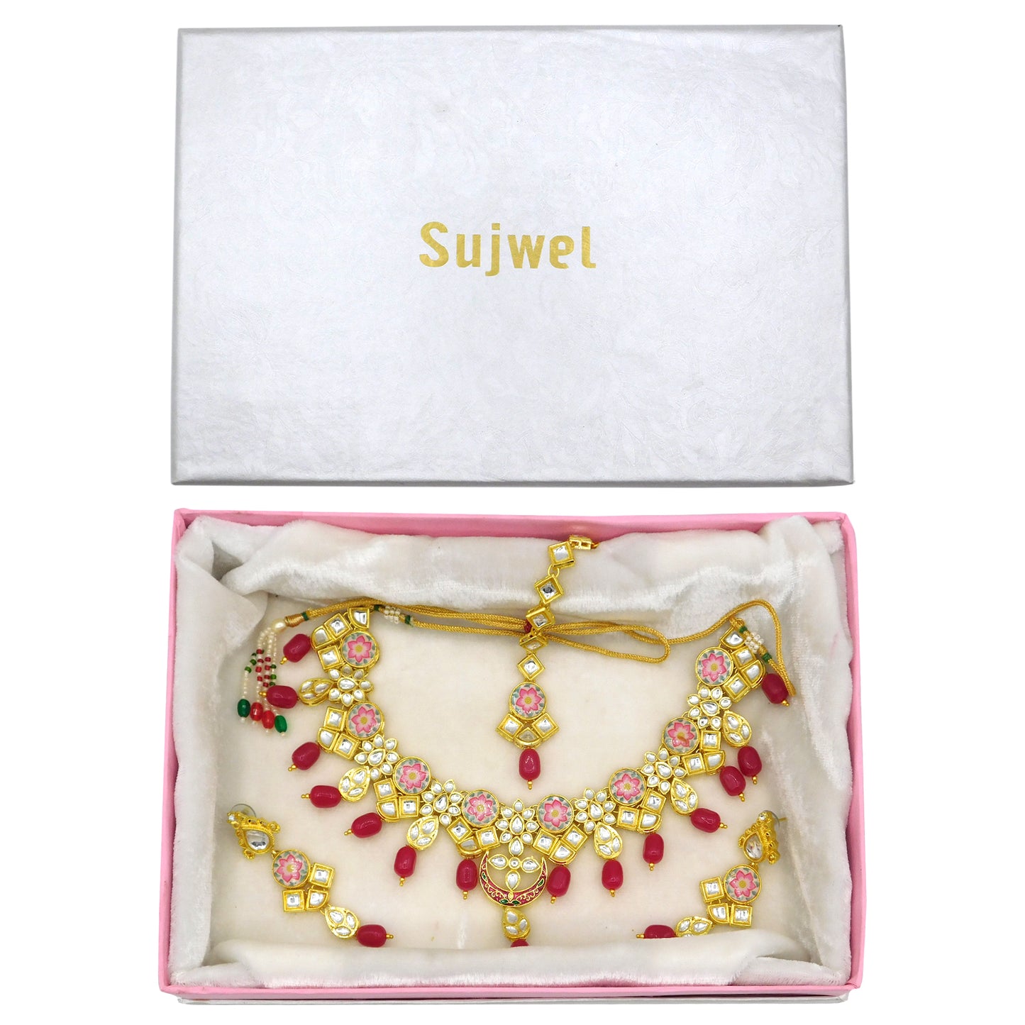 Sujwel Kundan and Painting with Floral Design Chokar Necklace Set (08-0282) - Sujwel