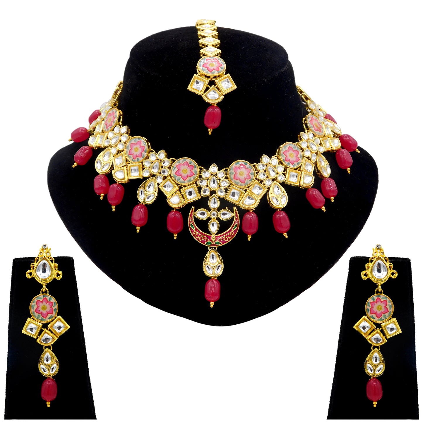 Sujwel Kundan and Painting with Floral Design Chokar Necklace Set (08-0282) - Sujwel