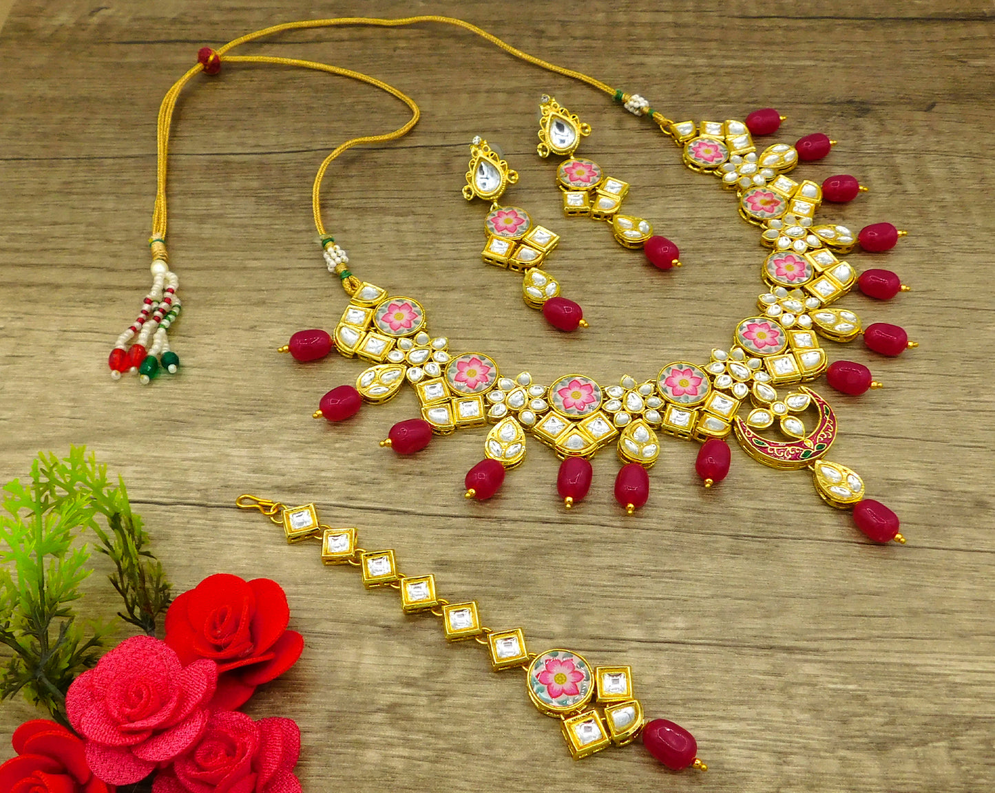 Sujwel Kundan and Painting with Floral Design Chokar Necklace Set (08-0282) - Sujwel