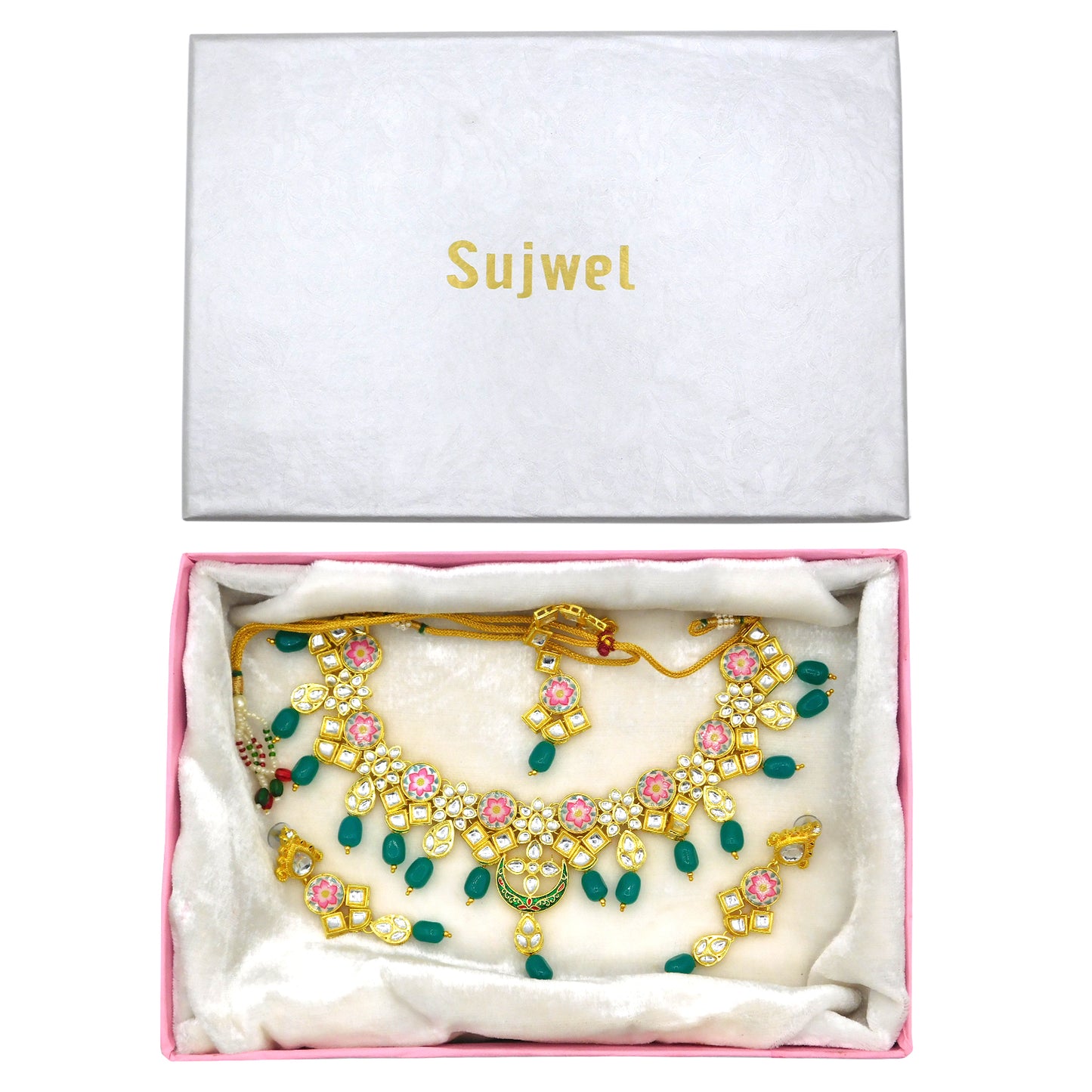 Sujwel Kundan and Painting with Floral Design Chokar Necklace Set (08-0282) - Sujwel