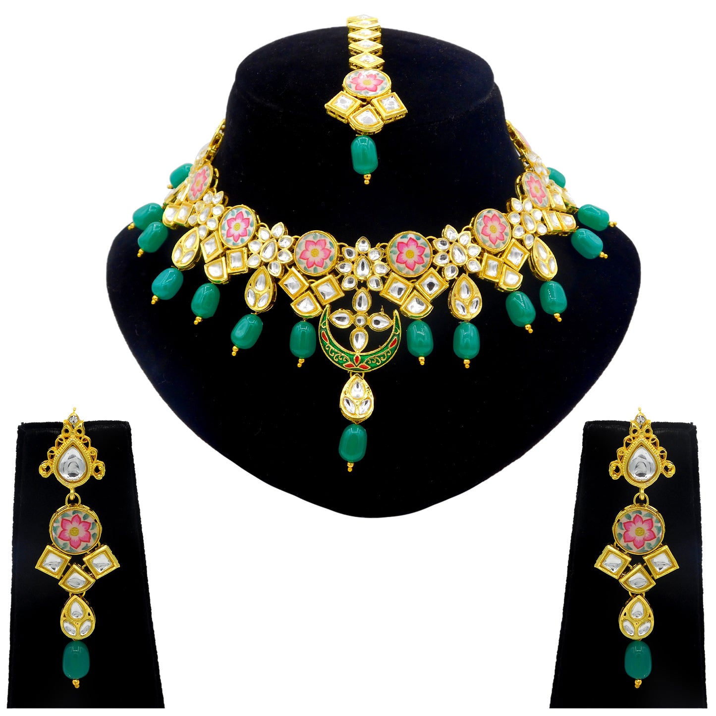 Sujwel Kundan and Painting with Floral Design Chokar Necklace Set (08-0282) - Sujwel