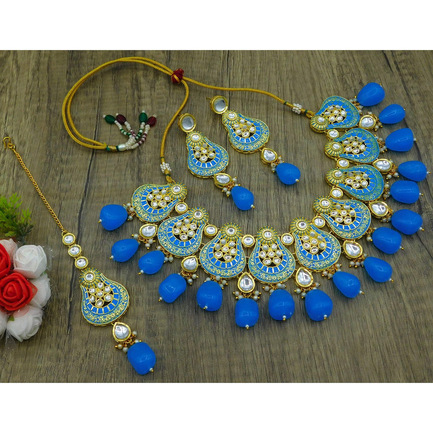Sujwel Gold Plated Kundan Meenakari Choker Necklace Set (08-0447)