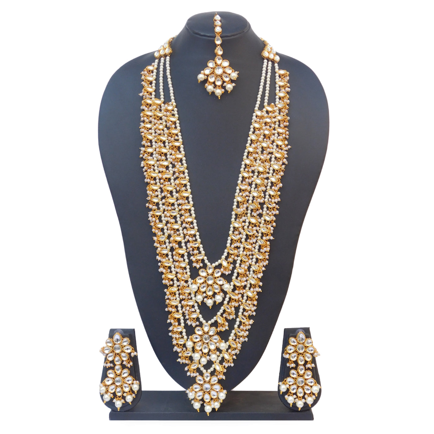 Sujwel Gold Plated Kundan 3 Layered Long Jewellery Set for Women (08-0108) - Sujwel