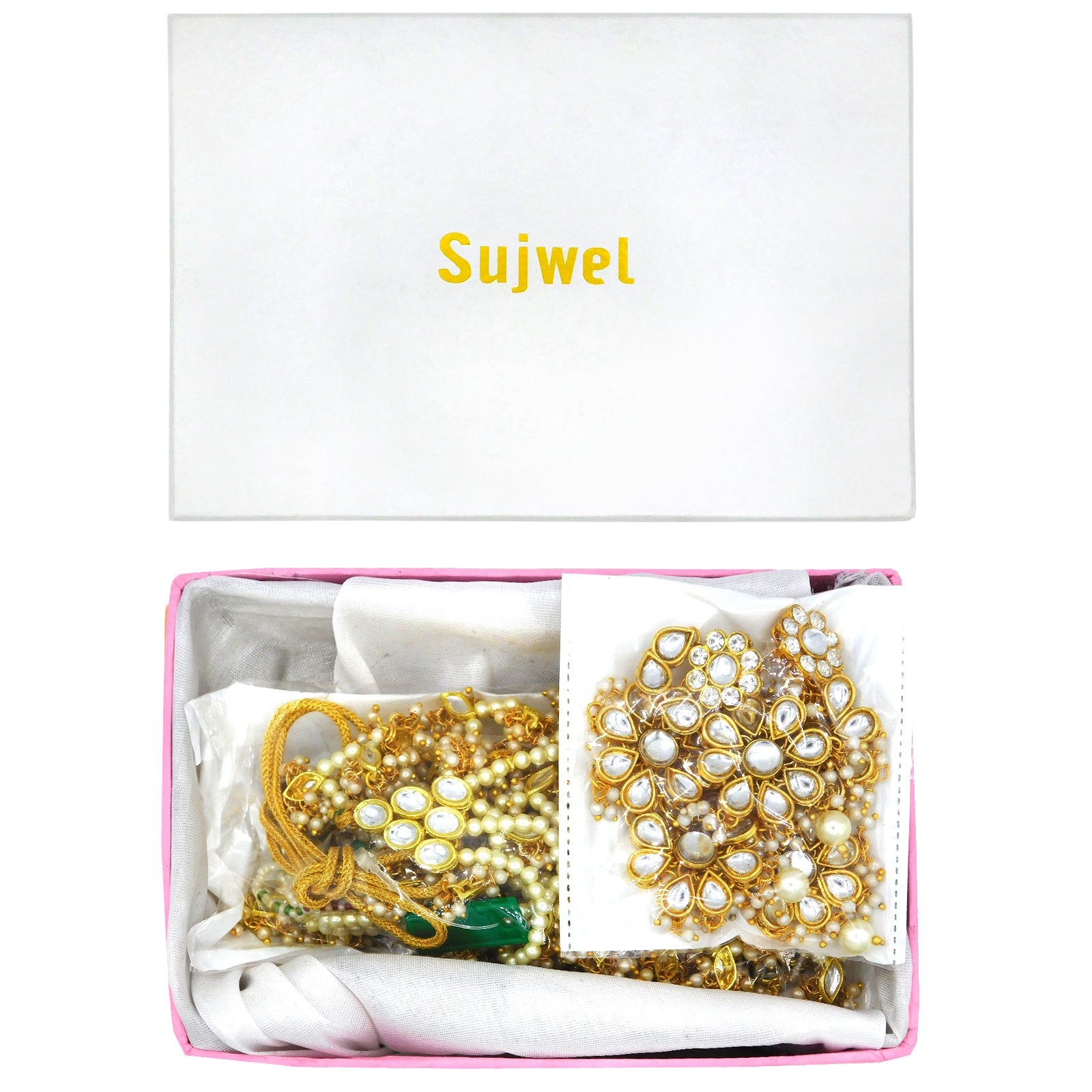 Sujwel Gold Plated Kundan 3 Layered Long Jewellery Set for Women (08-0108) - Sujwel