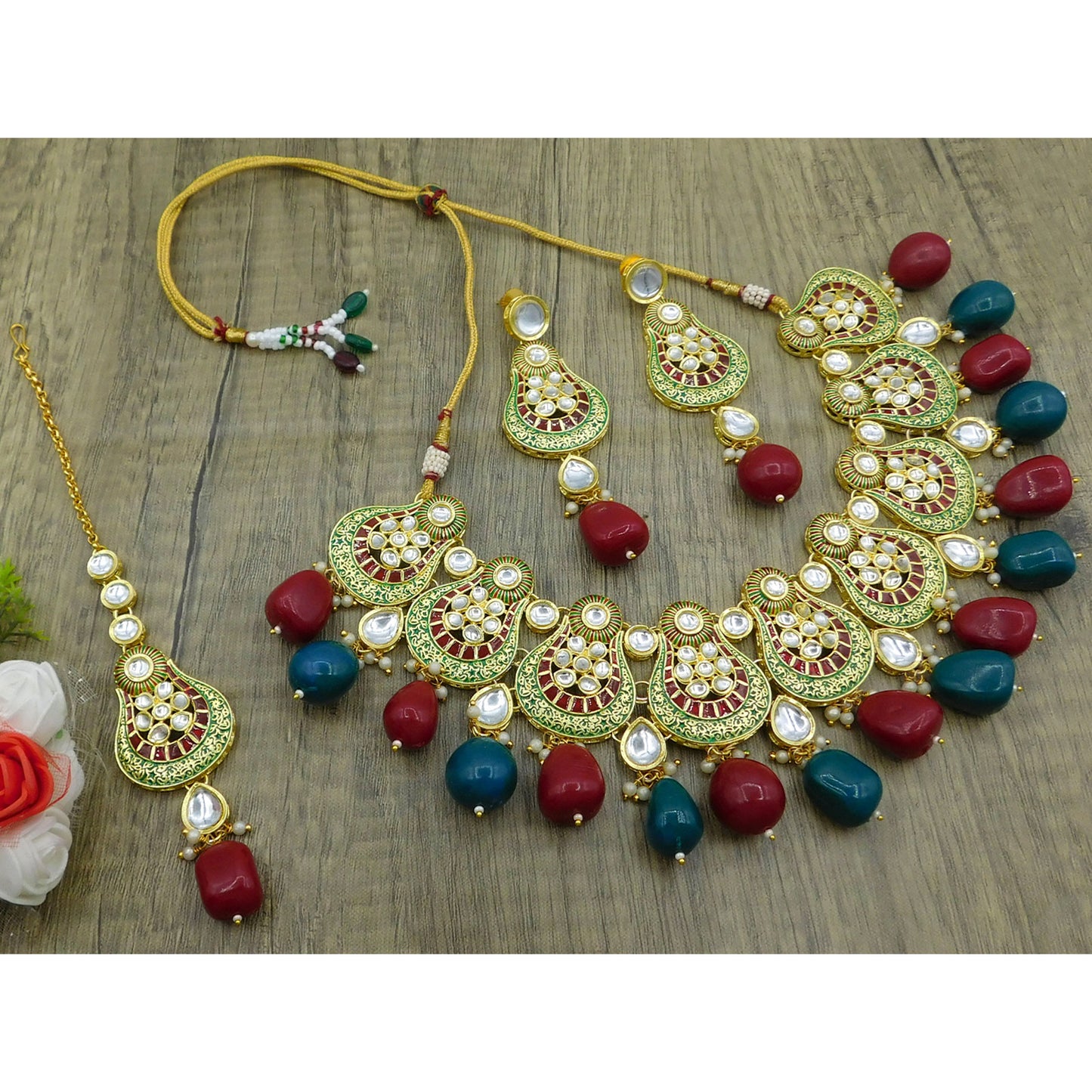 Sujwel Gold Plated Kundan Meenakari Choker Necklace Set (08-0447)