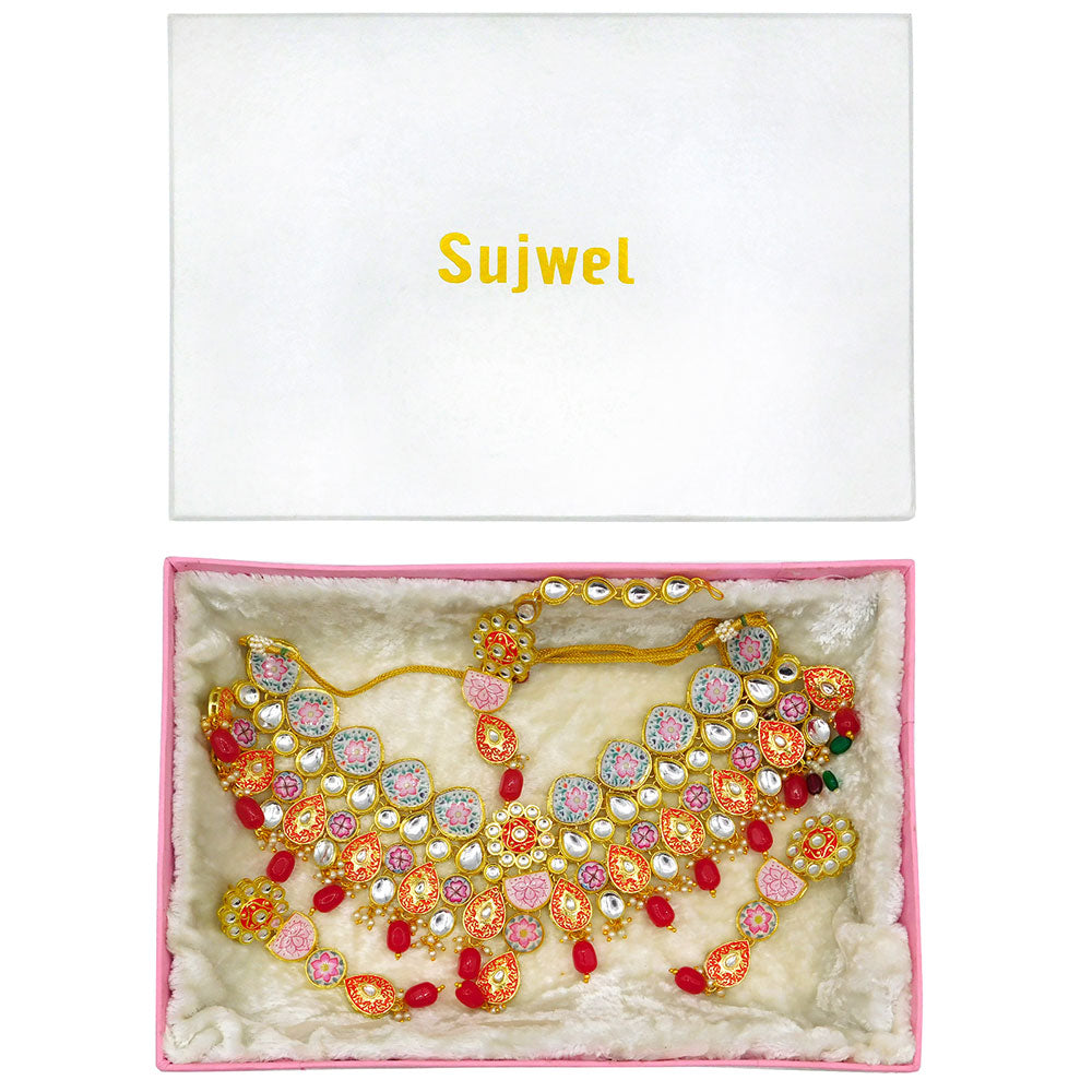 Sujwel Kundan and Meenakari with Floral Design Necklace Set (08-0115) - Sujwel