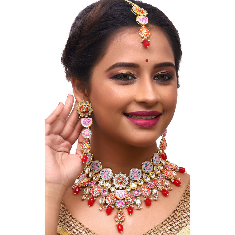 Sujwel Kundan and Meenakari with Floral Design Necklace Set (08-0115) - Sujwel