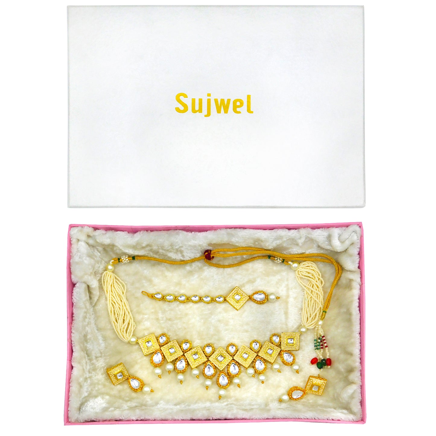 Sujwel Gold Plated Kundan Meenakari Design Choker Necklace Set (08-0122) - Sujwel