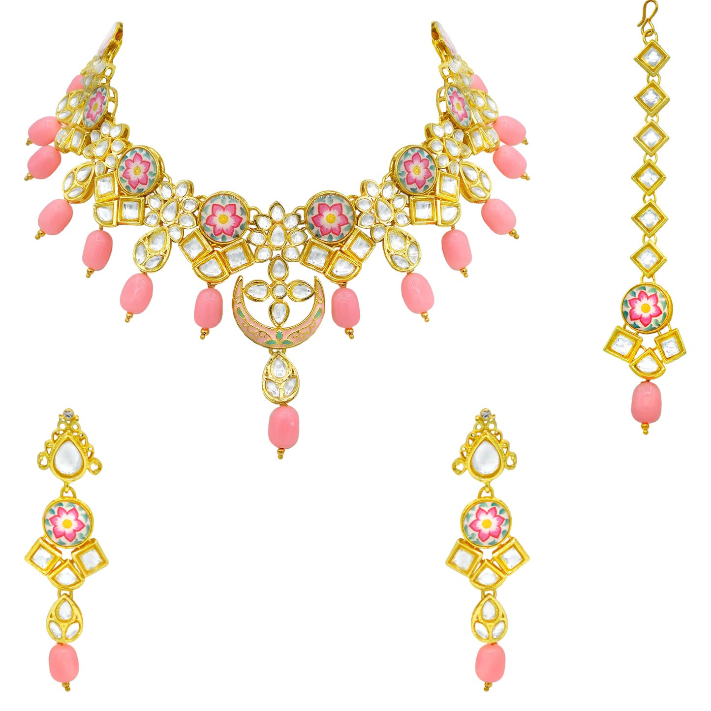 Sujwel Kundan and Painting with Floral Design Chokar Necklace Set (08-0282) - Sujwel