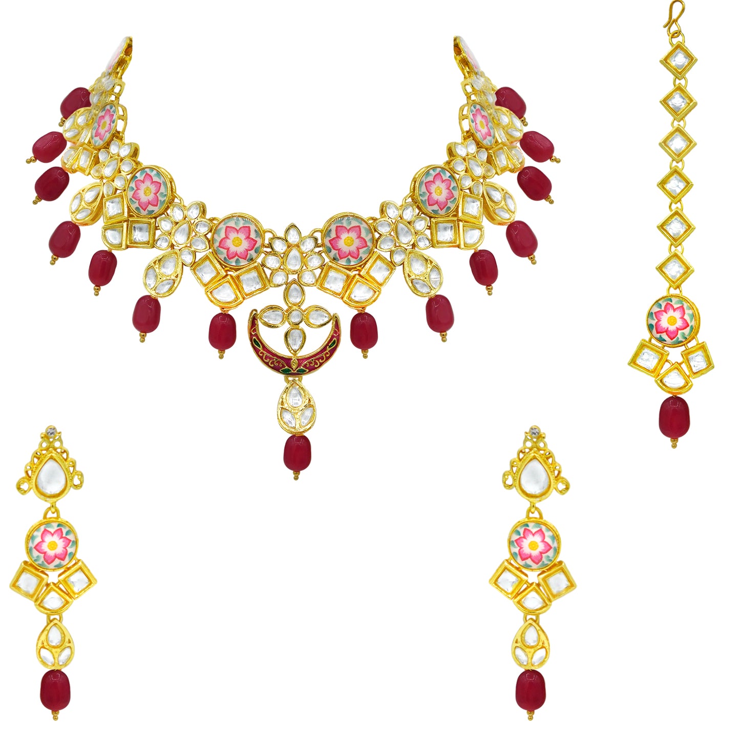 Sujwel Kundan and Painting with Floral Design Chokar Necklace Set (08-0282) - Sujwel