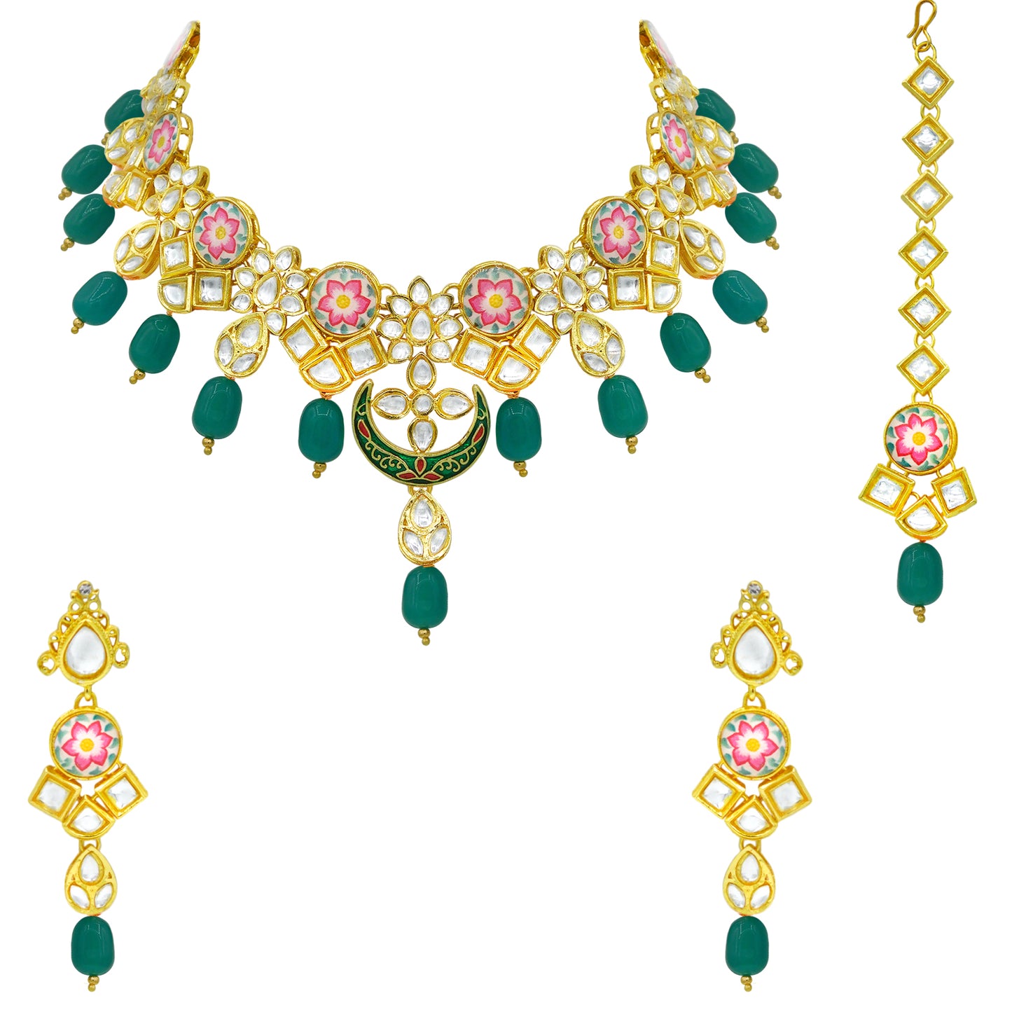 Sujwel Kundan and Painting with Floral Design Chokar Necklace Set (08-0282) - Sujwel
