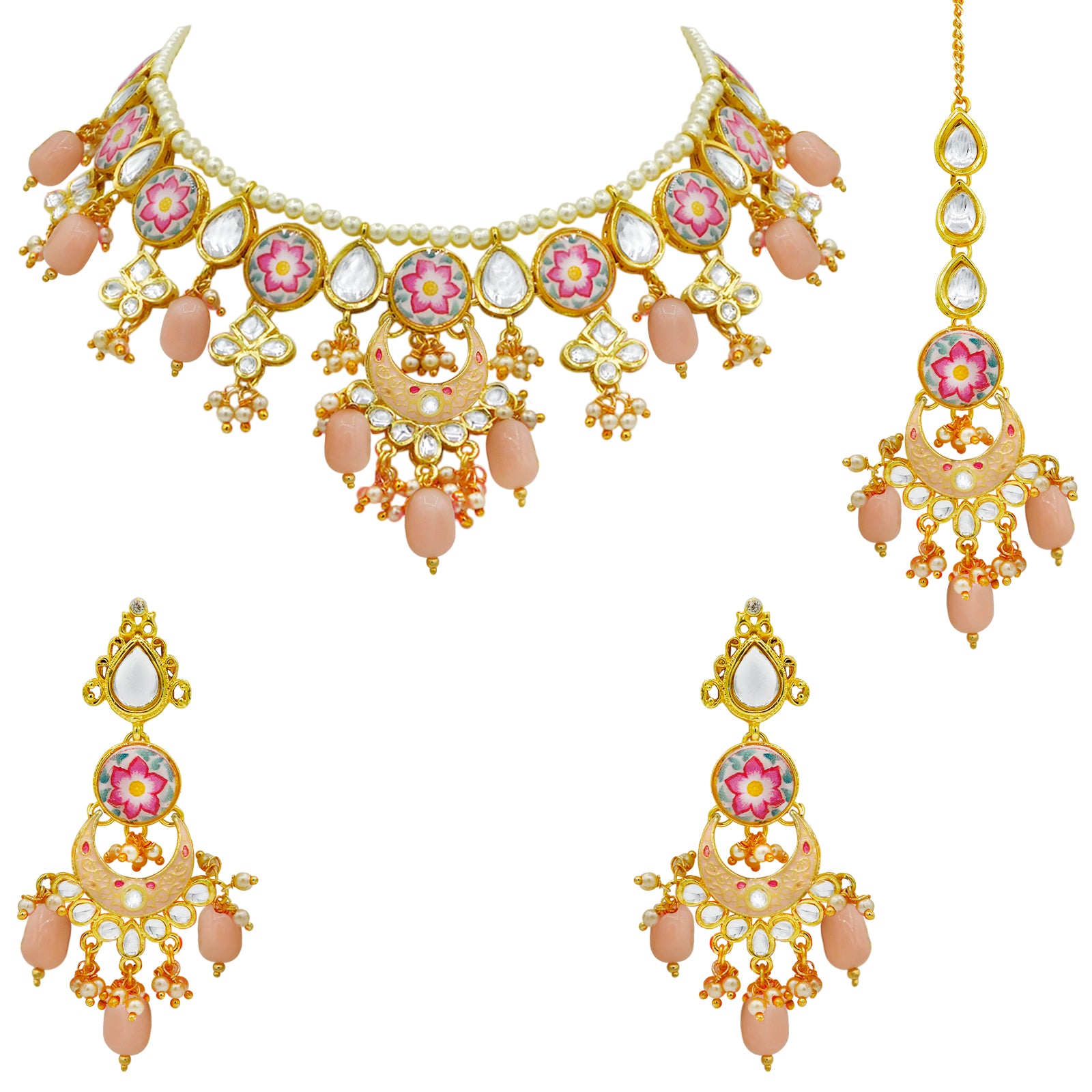 Sujwel Kundan and Meenakari with Floral Design Chokar Necklace Set (08-0285) - Sujwel