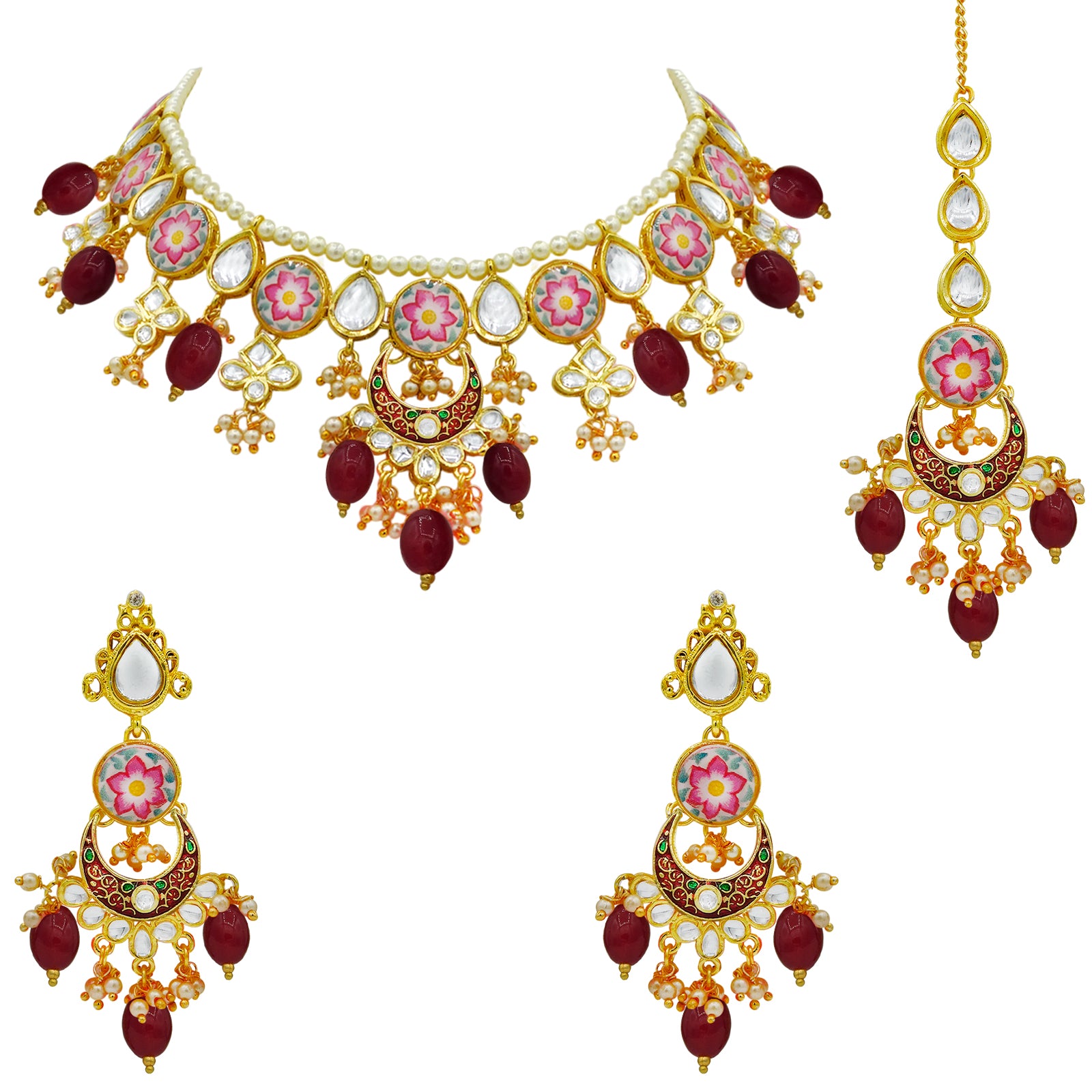 Sujwel Kundan and Meenakari with Floral Design Chokar Necklace Set (08-0285) - Sujwel