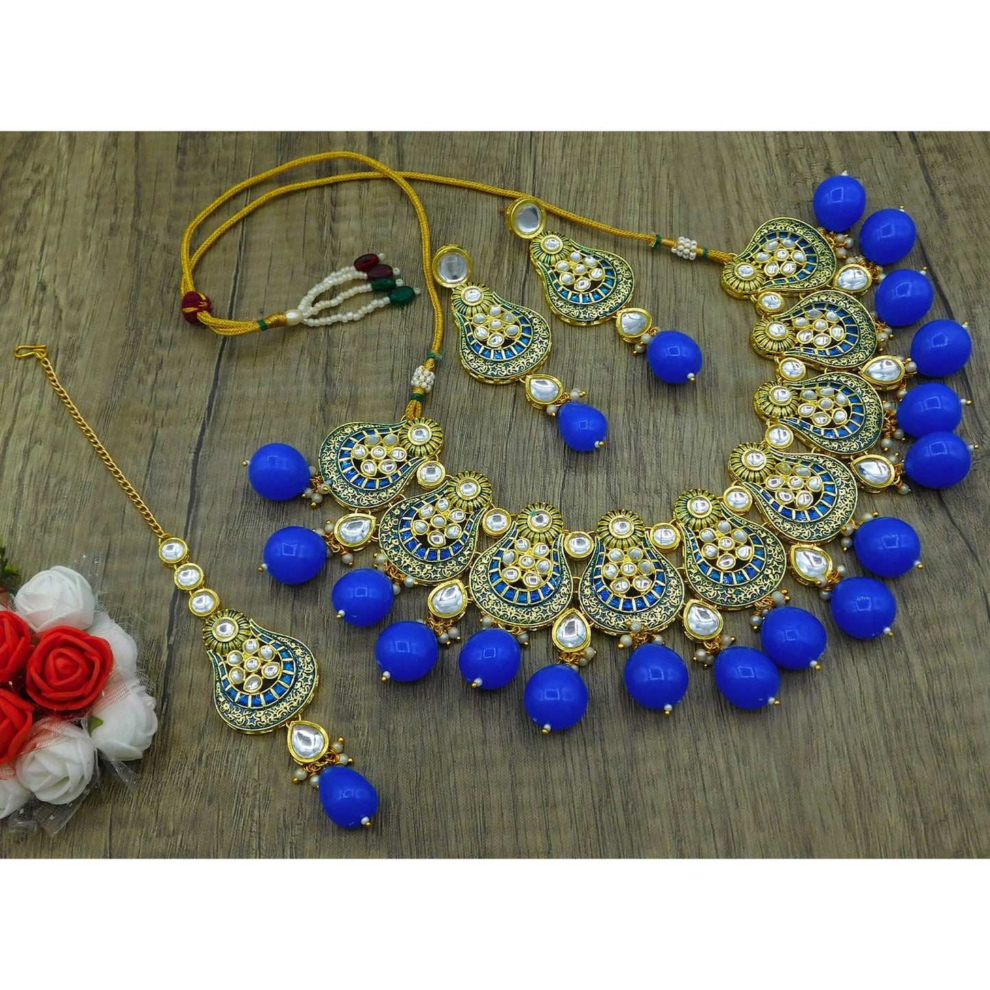 Sujwel Gold Plated Kundan Meenakari Choker Necklace Set (08-0447)