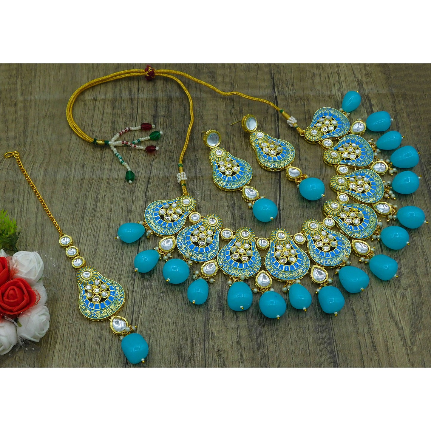 Sujwel Gold Plated Kundan Meenakari Choker Necklace Set (08-0447)