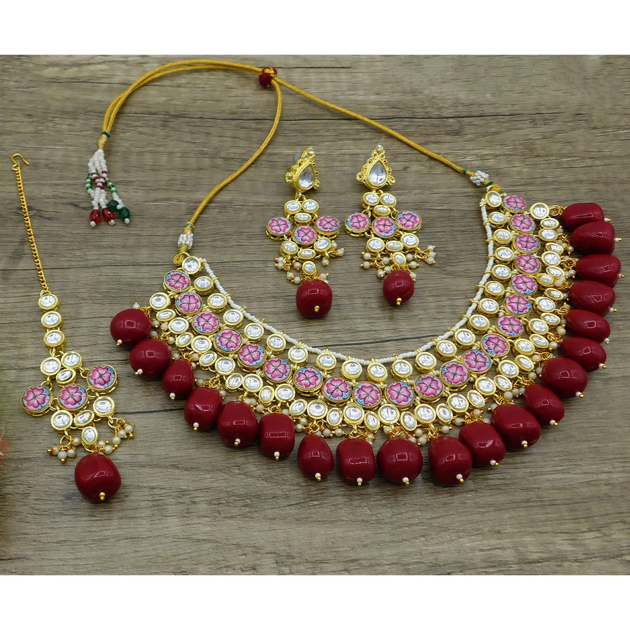 Sujwel Gold Plated Kundan Floral Design Choker Necklace Set Women (08-0438)