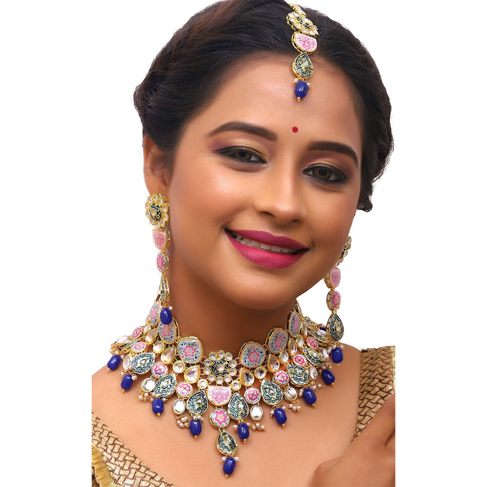 Sujwel Kundan and Meenakari with Floral Design Necklace Set (08-0115) - Sujwel