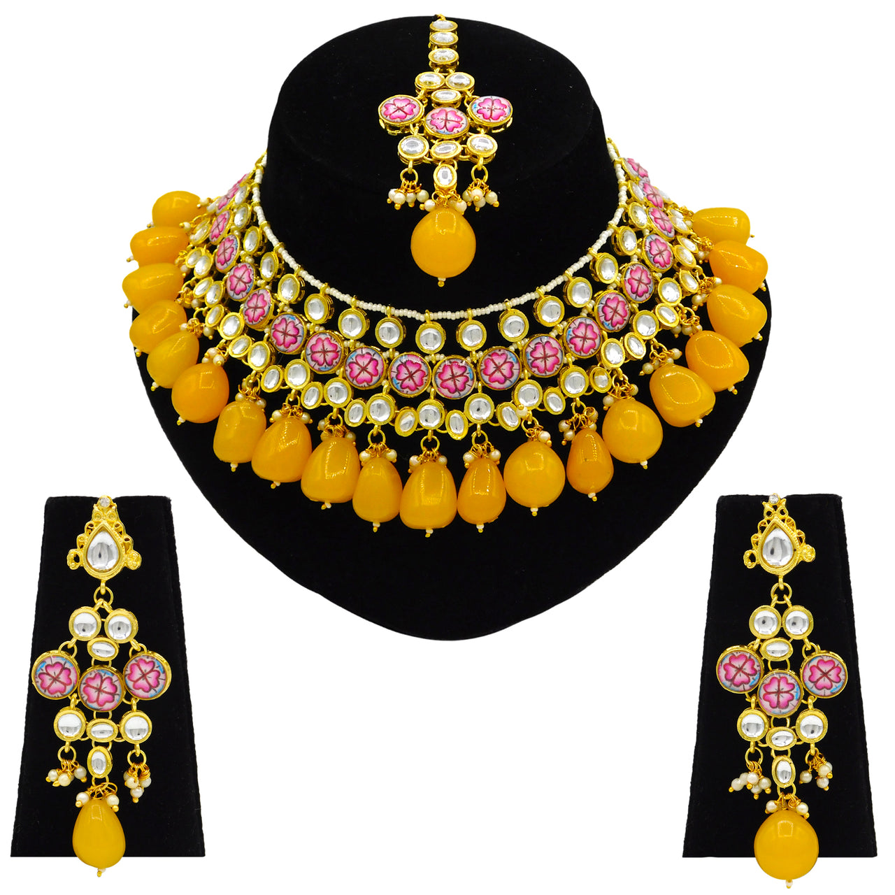 Sujwel Gold Plated Kundan Floral Design Choker Necklace Set Women (08-0438) - Sujwel