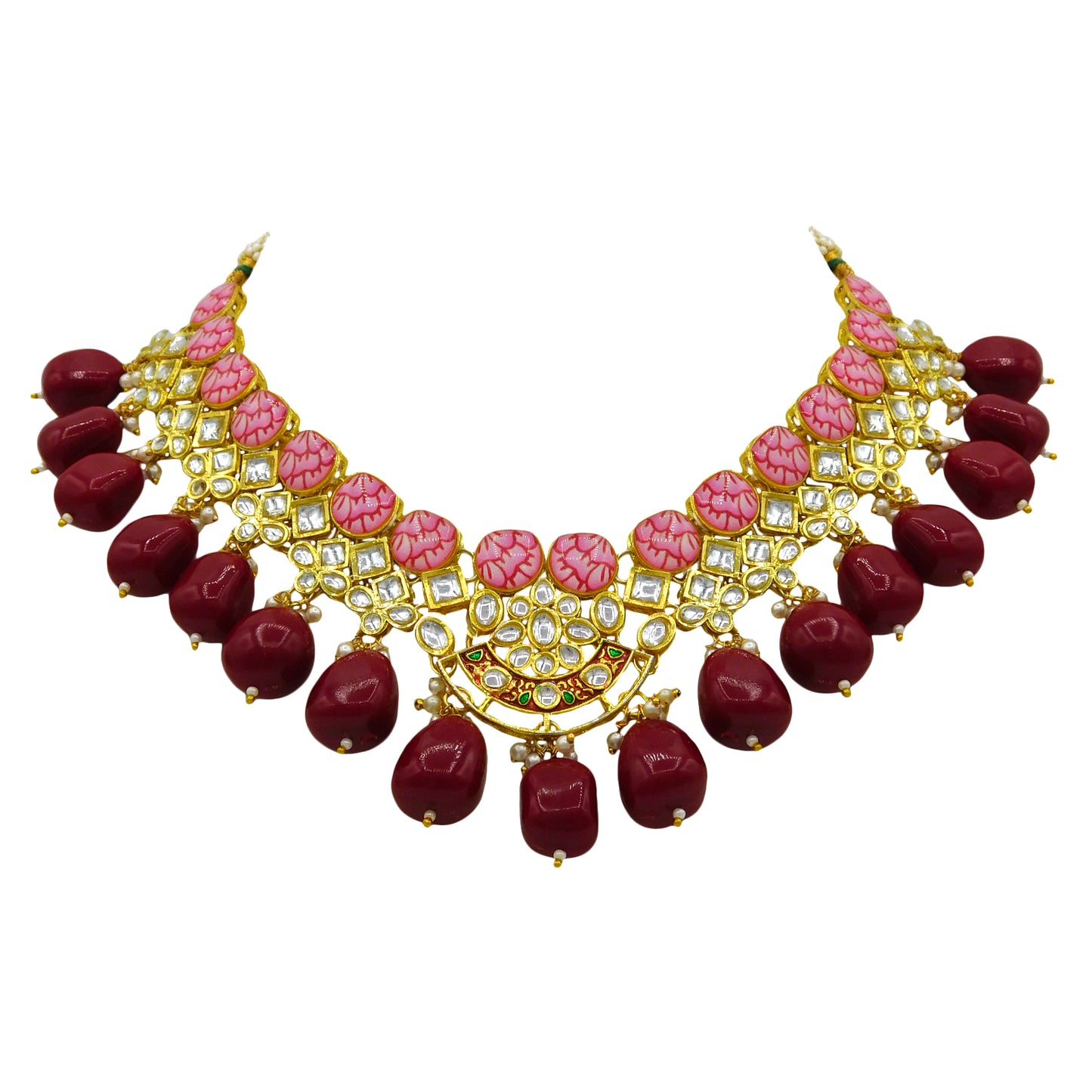 Sujwel Gold Toned Kundan Lamination Floral Design Necklace Set (08-0440)