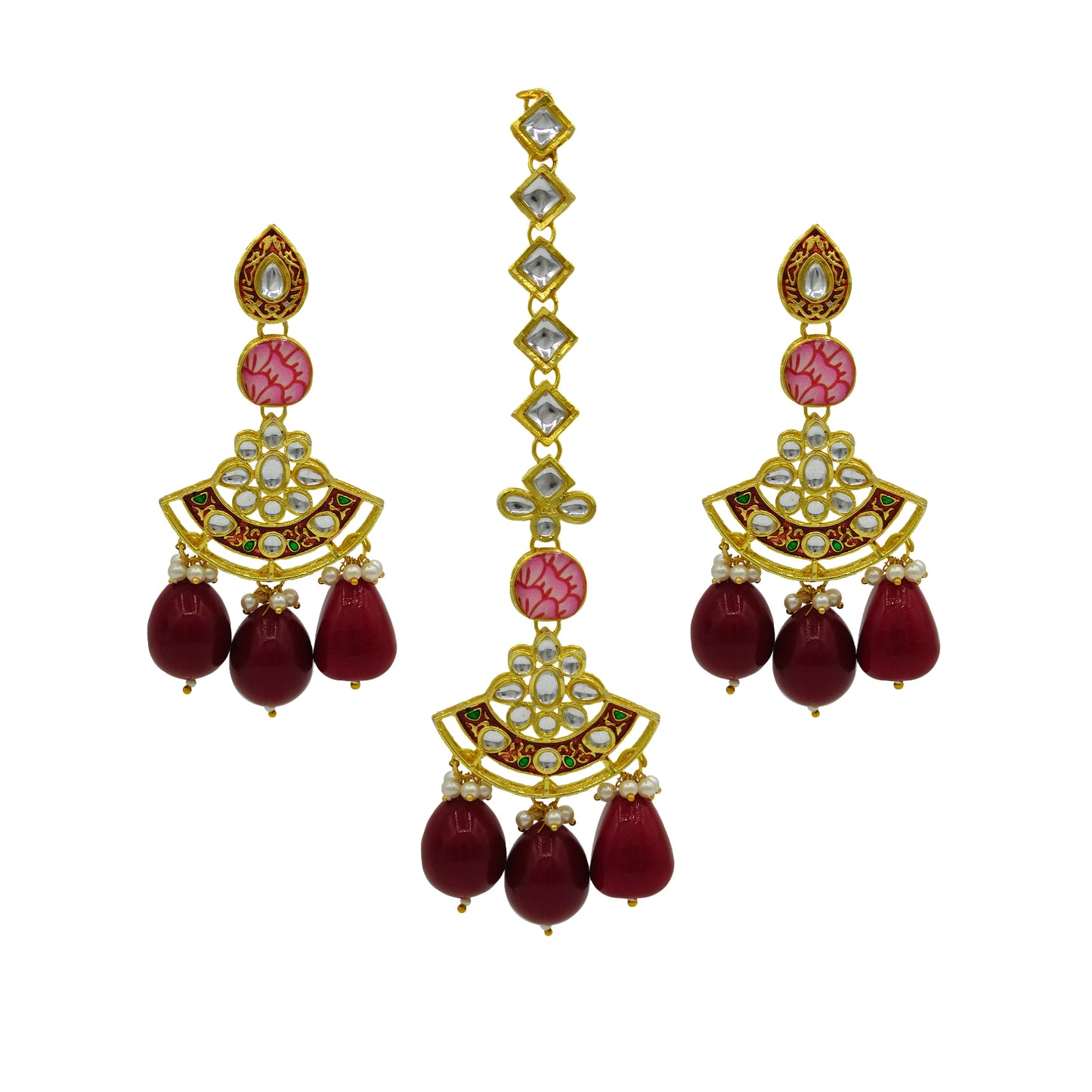 Sujwel Gold Toned Kundan Lamination Floral Design Necklace Set (08-0440)