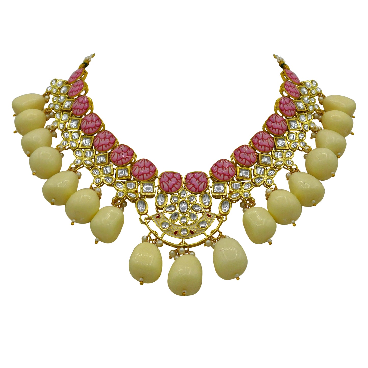 Sujwel Gold Toned Kundan Lamination Floral Design Necklace Set (08-0440)