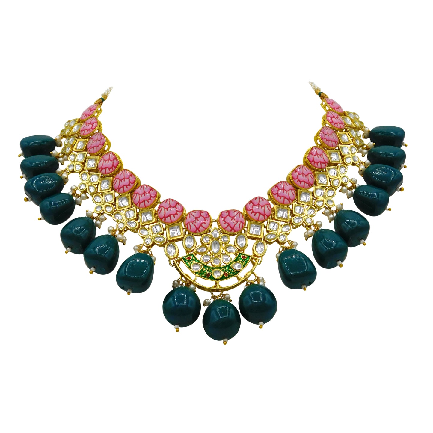 Sujwel Gold Toned Kundan Lamination Floral Design Necklace Set (08-0440)