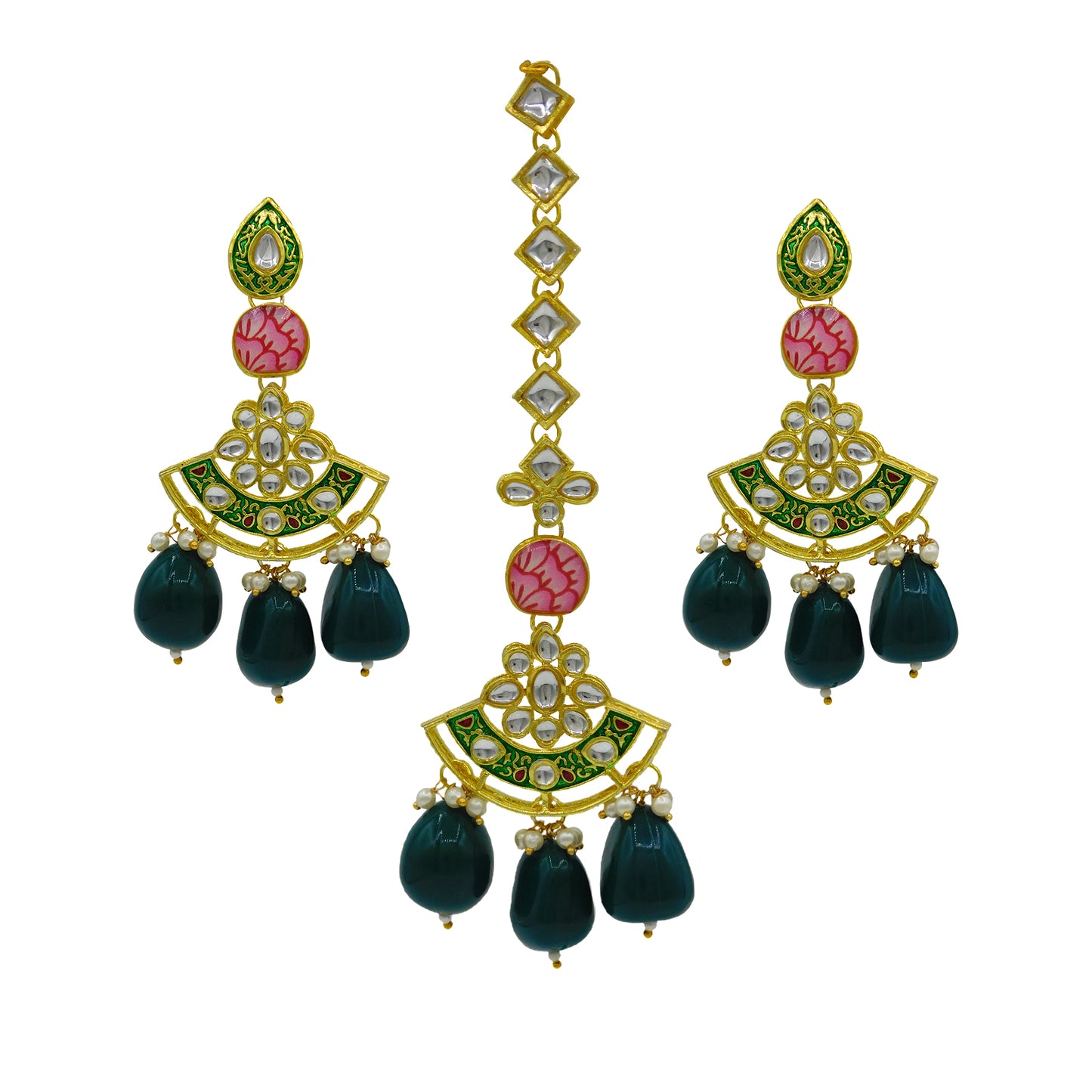 Sujwel Gold Toned Kundan Lamination Floral Design Necklace Set (08-0440)