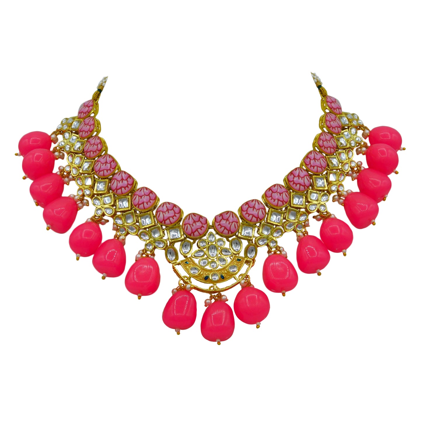 Sujwel Gold Toned Kundan Lamination Floral Design Necklace Set (08-0440)