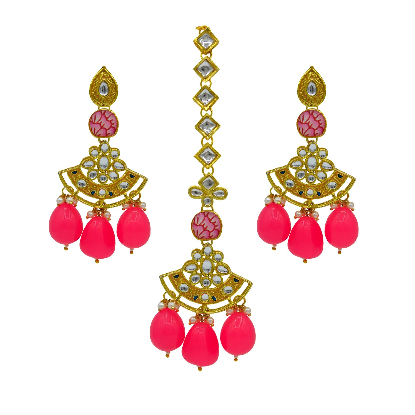 Sujwel Gold Toned Kundan Lamination Floral Design Necklace Set (08-0440)