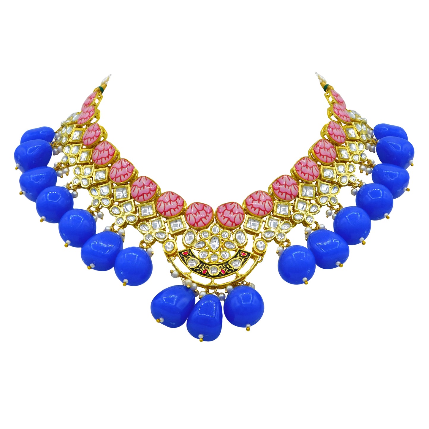 Sujwel Gold Toned Kundan Lamination Floral Design Necklace Set (08-0440)