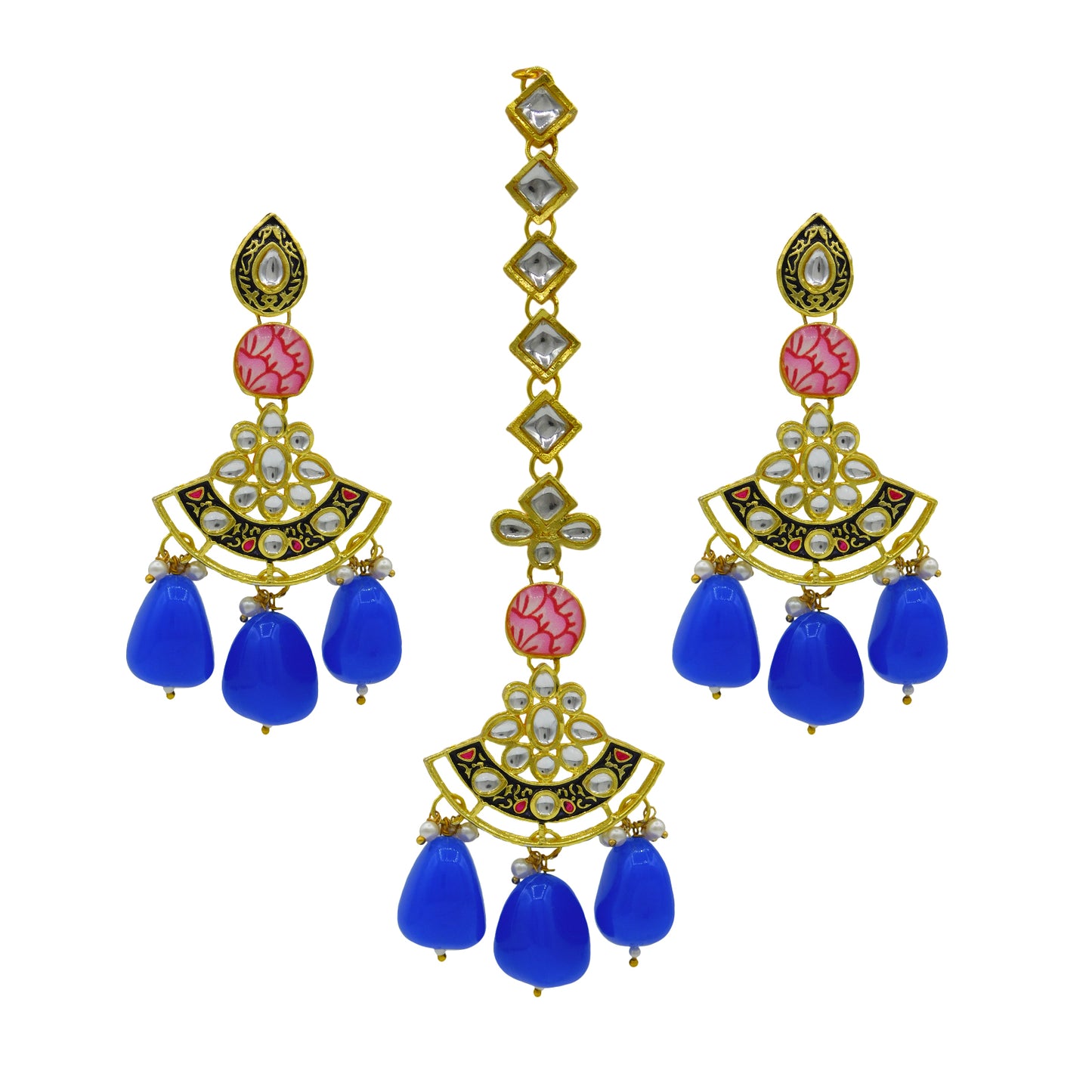Sujwel Gold Toned Kundan Lamination Floral Design Necklace Set (08-0440)