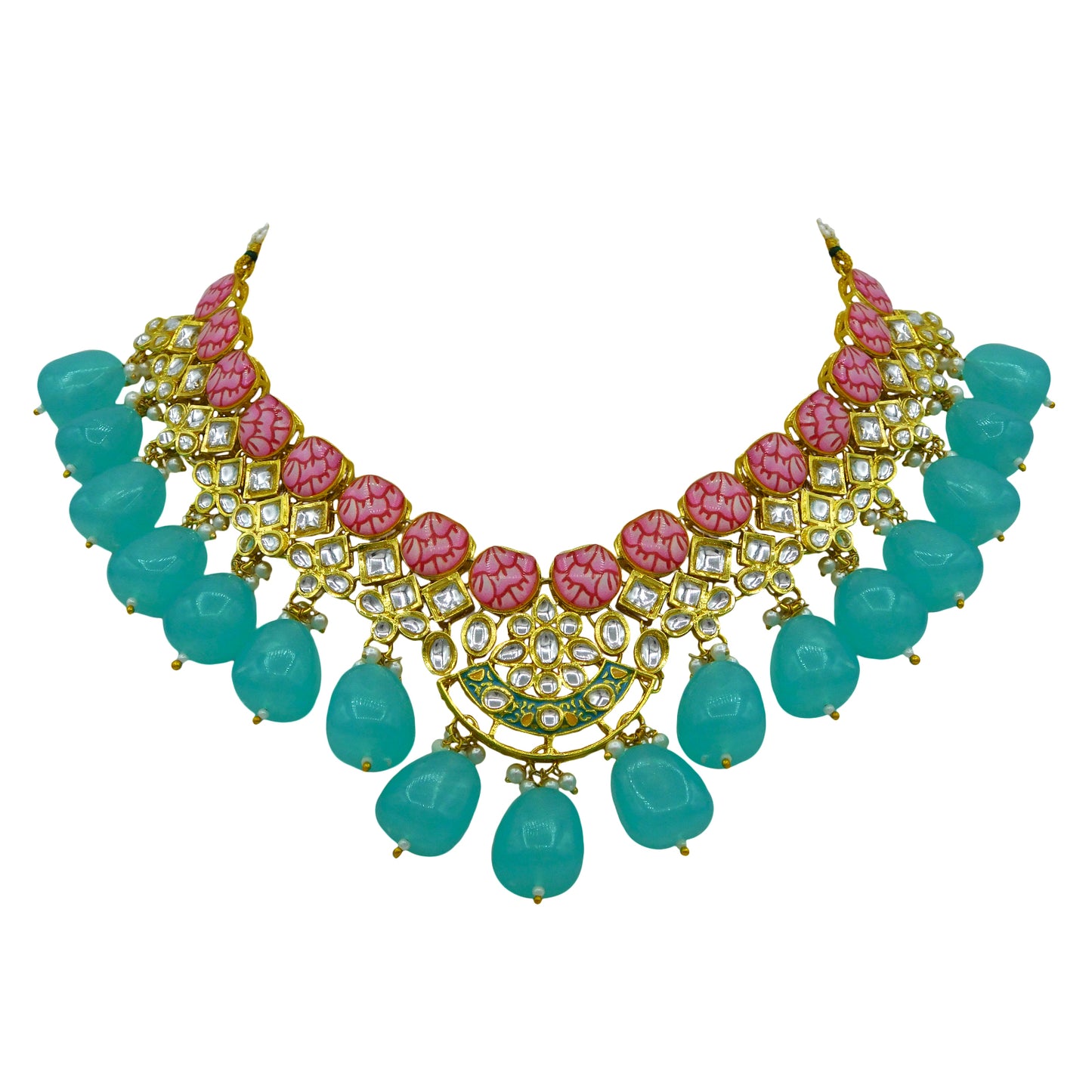 Sujwel Gold Toned Kundan Lamination Floral Design Necklace Set (08-0440)