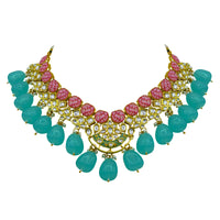 Thumbnail for Sujwel Gold Toned Kundan Lamination Floral Design Necklace Set (08-0440)
