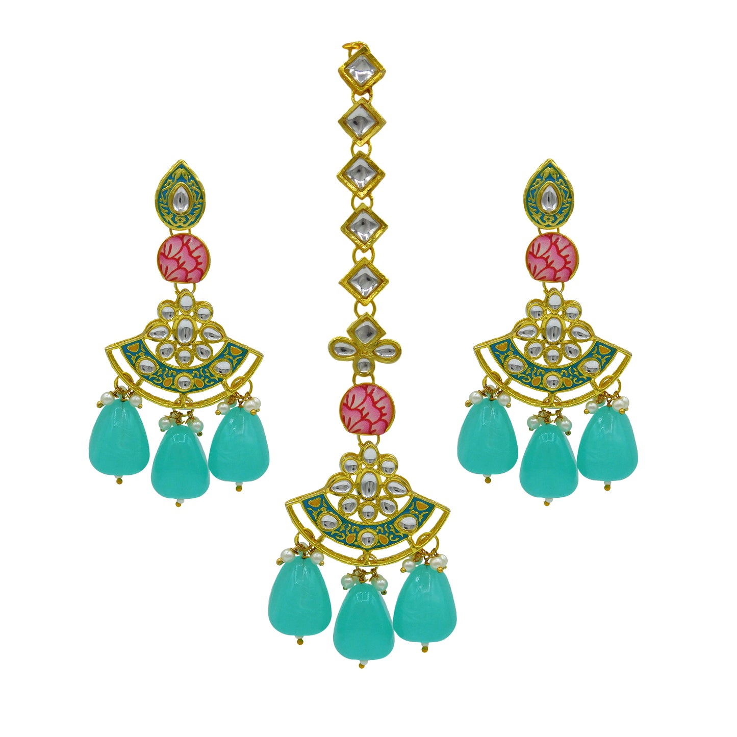 Sujwel Gold Toned Kundan Lamination Floral Design Necklace Set (08-0440)
