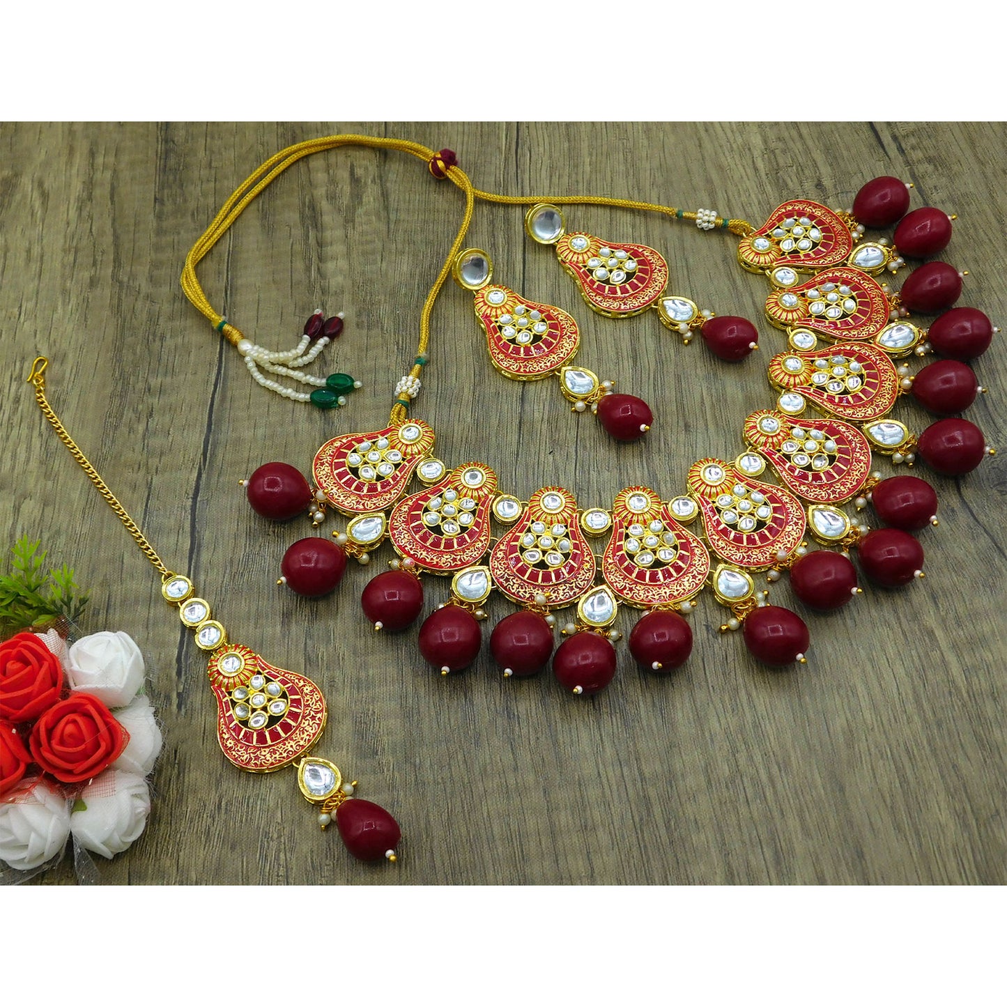 Sujwel Gold Plated Kundan Meenakari Choker Necklace Set (08-0447)