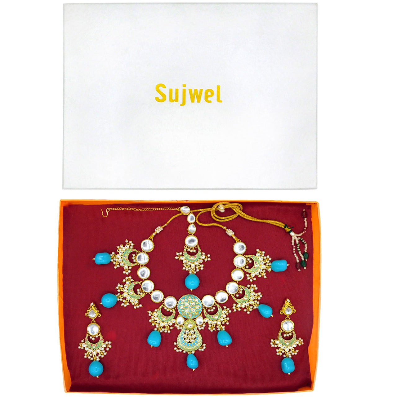 Sujwel Gold Toned Kundan Lamination Floral Design Necklace Set (08-0456)