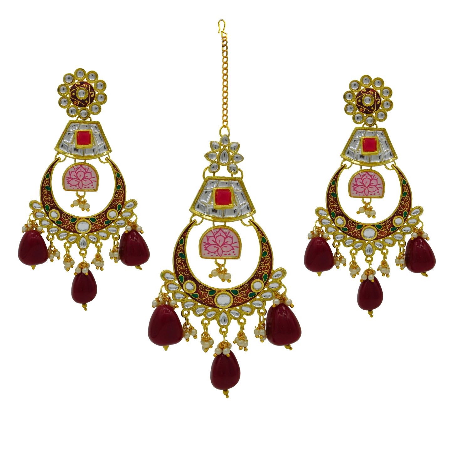 Sujwel Gold Toned Kundan Lamination Floral Design Necklace Set (08-0444)