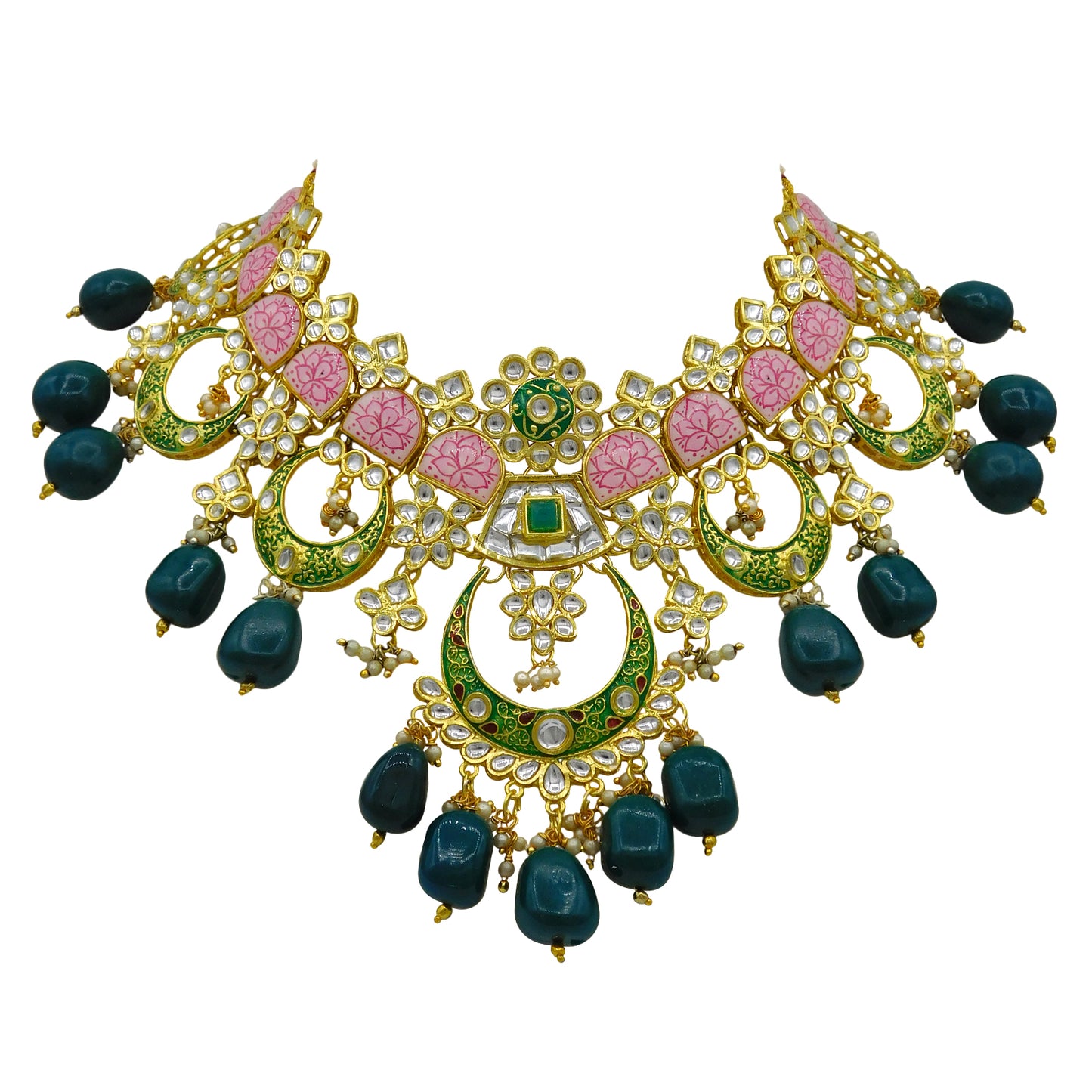 Sujwel Gold Toned Kundan Lamination Floral Design Necklace Set (08-0444)