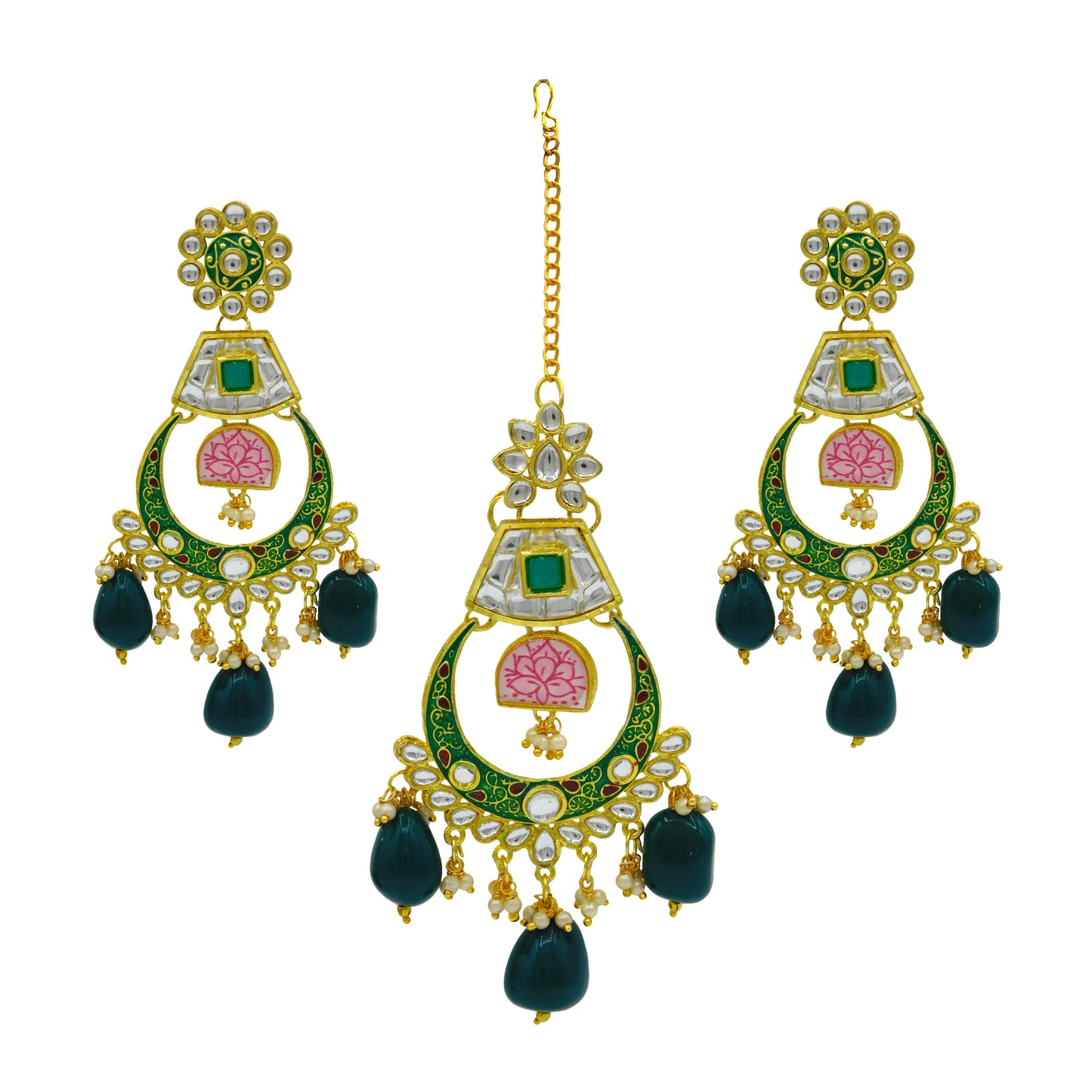 Sujwel Gold Toned Kundan Lamination Floral Design Necklace Set (08-0444)