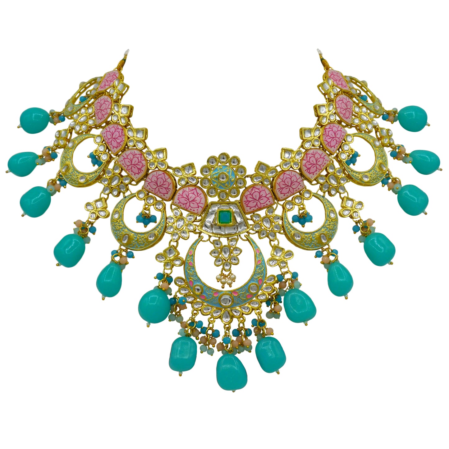 Sujwel Gold Toned Kundan Lamination Floral Design Necklace Set (08-0444)