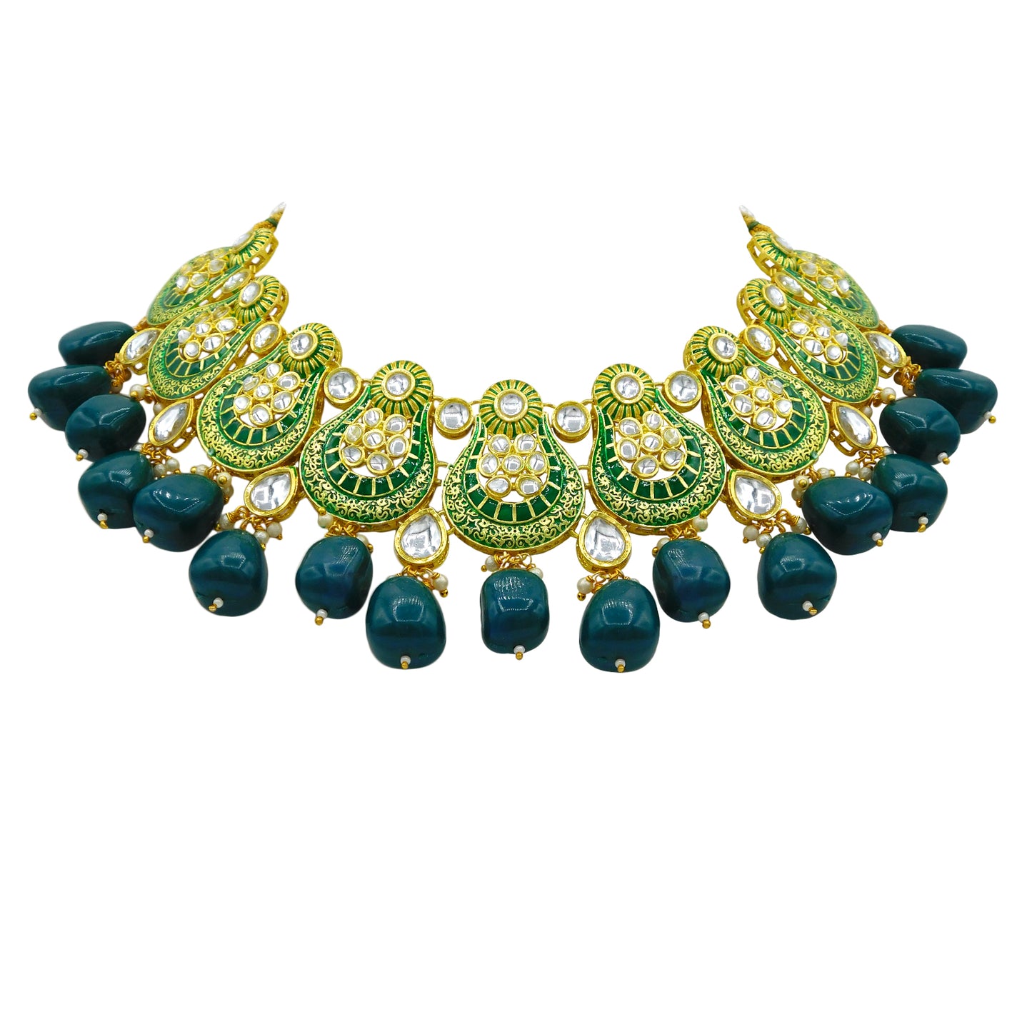 Sujwel Gold Plated Kundan Meenakari Choker Necklace Set (08-0447) - Sujwel