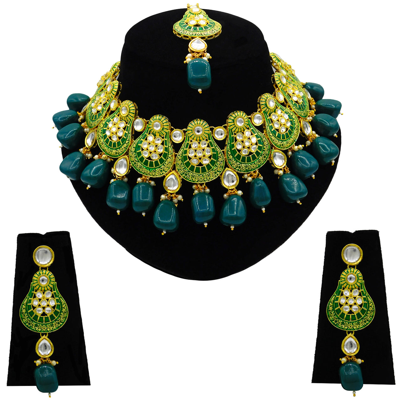 Sujwel Gold Plated Kundan Meenakari Choker Necklace Set (08-0447) - Sujwel