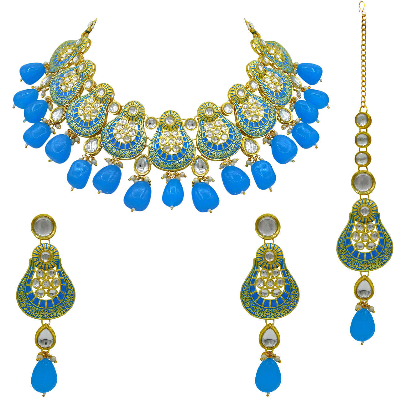 Sujwel Gold Plated Kundan Meenakari Choker Necklace Set (08-0447) - Sujwel